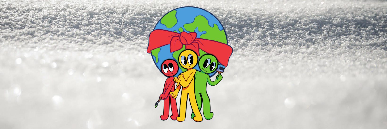 Piirretty punainen, keltainen ja vihreä hahmo seisovat piirretyn maapallon edessä. Taustalla on luminen maisema.