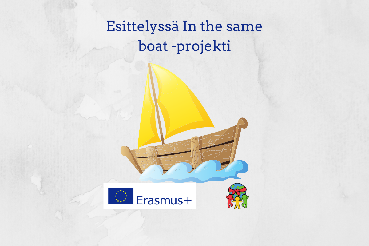 Esittelyssä In the same boat- niminen Erasmus+ -projekti. Piirretty purjevene seilaa ja sen alapuolella ovat Erasmus+ -logo ja Pinskujen logo. 